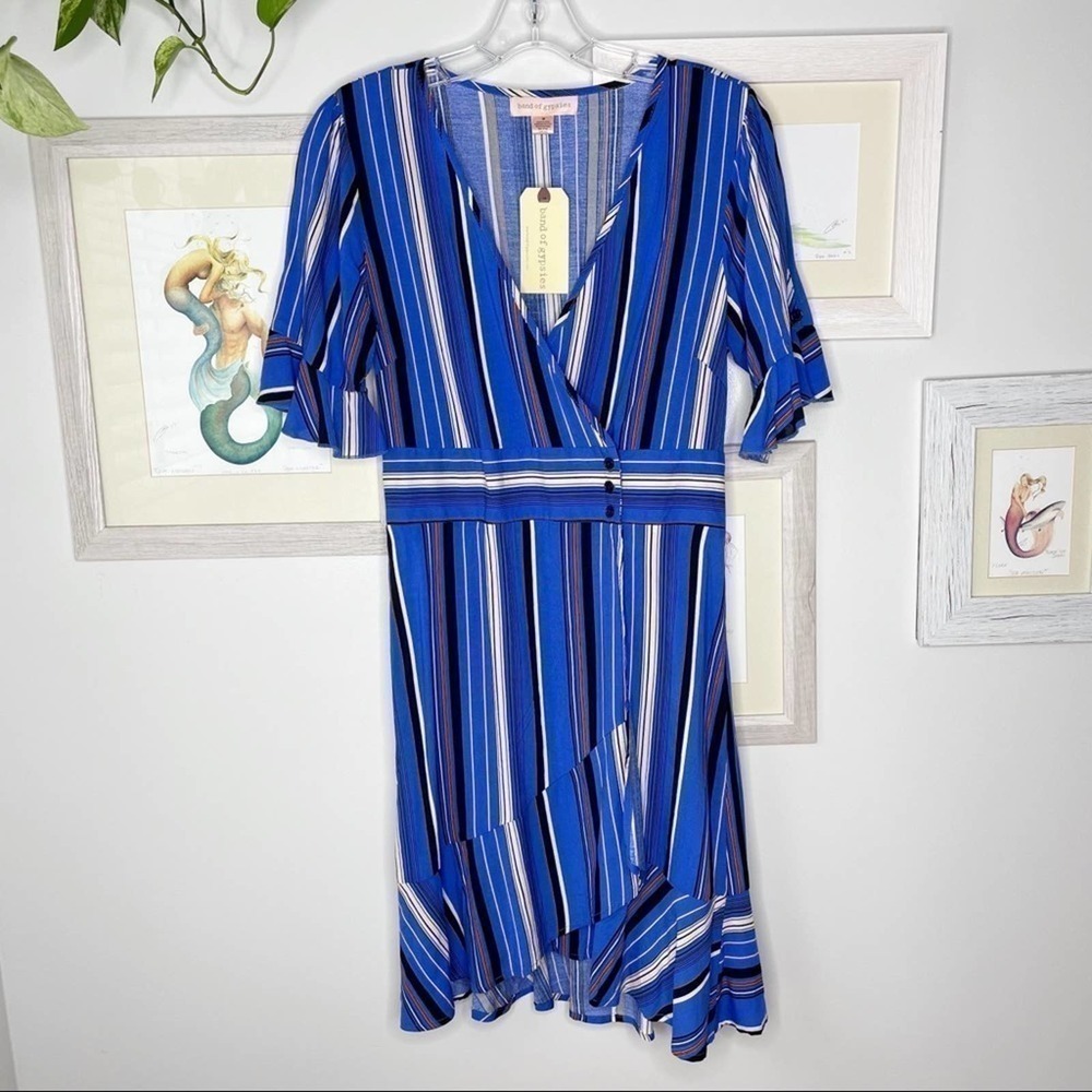 Band of Gypsies Blue Striped Ruffle Wrap Dress Size Medium